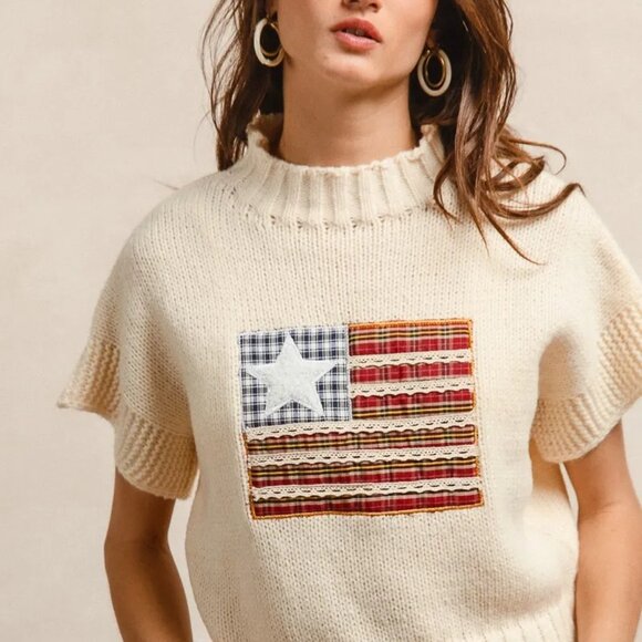 BiBi American Flag Patchwork Drop Shoulder‎ Sweater - Picture 14 of 15